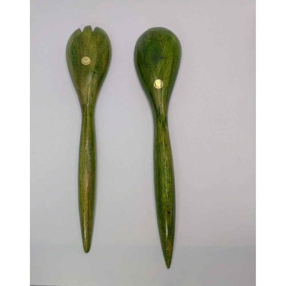 Philippines Wood Salad Servers Mother of Pearl Inlay Green 13.5